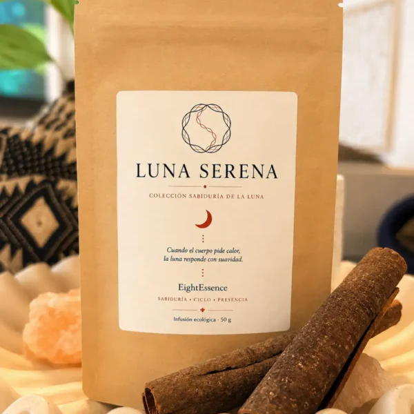 Luna Serena, infusión ecológica EightEssence con hinojo, cilantro, jengibre, canela y pétalos de rosa.